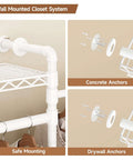 Wall Mounted Garment Rack and Closet System With Two Expandable Rods Six Adjustable Shelves Industrial Pipe Style Metal Shelving in White Heavy Duty Walk In Closet Organizer Easy Install Durable Clothes Storage Solution showing mounting options.