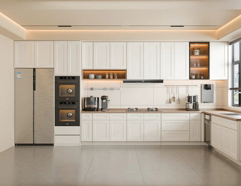Wall Mounted Laundry Room Cabinet With Doors And Shelves White Shaker Finish Solid Wood RTA Medicine Storage Cabinet 24W 30H 12D Inches Space Saving For Kitchen Bathroom And Garage in kitchen setting