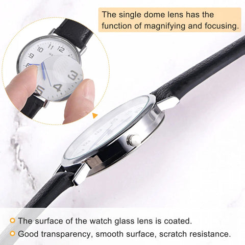 Close-up of 8 Pack 32.5mm Watch Glass Crystal Lenses Single Dome Edge Thickness 1.5mm For Watchmaker Repair Clear Anti Reflection Coated Fits Round Watches DIY Clock And Watch Repair Supplies showing magnifying function.