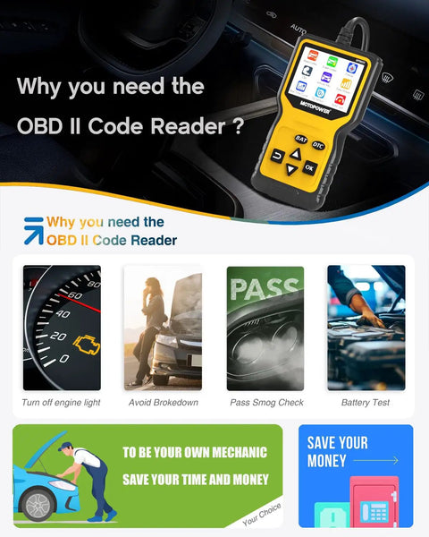 All In One OBD2 Scanner Code Reader Plug And Play With Battery Tester Check Engine Light Diagnostic Tool in car dashboard