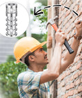 Worker using 25 Pack Lag Shield Concrete Anchors 3/8 By 1-3/4 Inch Heavy Duty Beefy Zinc Alloy Masonry Anchors on brick wall