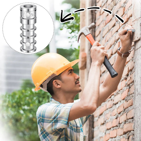 Worker using 25 Pack Lag Shield Concrete Anchors 3/8 By 1-3/4 Inch Heavy Duty Beefy Zinc Alloy Masonry Anchors on brick wall