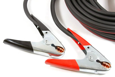 Close-up of Heavy Duty Twin Battery Jumper Cables, 20 Foot, Number 4 Copper Welding Wire, 500 Amp Clamps On Both Ends, Black And Red