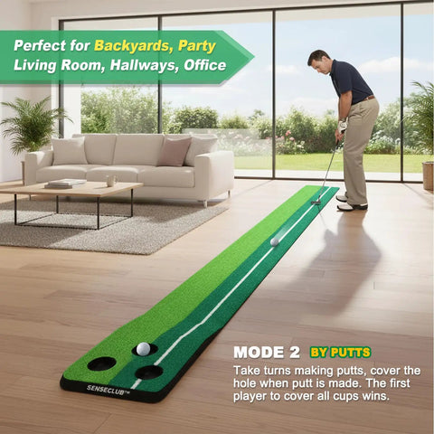 Man using Indoor Putting Green Kit With Foldable 8 Foot Mat For Home Office Practice, Realistic True Roll Surface With Upslope