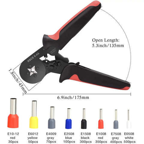 All In One Ferrule Crimping Pliers Kit For Electricians With 1800 Insulated Terminals And Connectors, ratchet tool displayed.