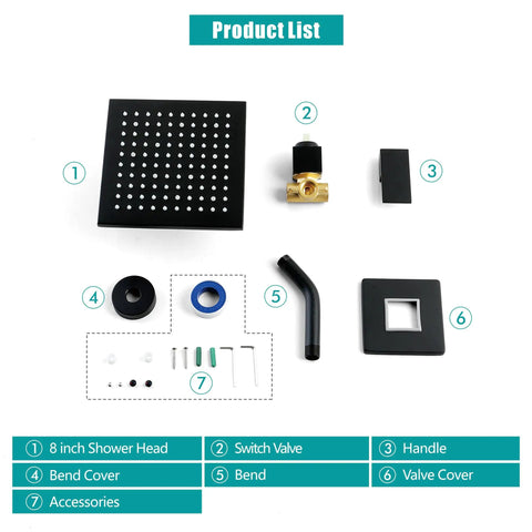 Components of Dope Matte Black 8 Inch LED Rain Shower Head Set With Wall Mount, Single Function Trim Kit And Rough In Valve displayed.