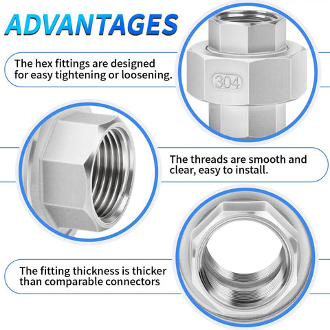 304 Stainless Steel Pipe Fitting Union One Half Inch NPT Female Thread Adapter Four Pack Heavy Duty plumbing advantages