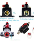 Resettable 100 Amp Fuse Circuit Breaker For Car Audio Systems 12 To 24V DC Overload Protection For Amplifiers Dual Mode Auto Reset And Manual Disconnection Durable Car Audio Fuse Holder For Your Ride showing installation methods
