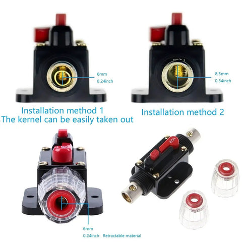 Resettable 100 Amp Fuse Circuit Breaker For Car Audio Systems 12 To 24V DC Overload Protection For Amplifiers Dual Mode Auto Reset And Manual Disconnection Durable Car Audio Fuse Holder For Your Ride showing installation methods