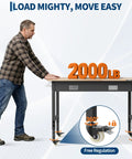 Man demonstrating 48 Inch Adjustable Rubberwood Workbench With Built In Power Outlets Lockable Casters Heavy Duty Metal Frame Scratch Resistant Surface Ideal For Home Workshop DIY Projects And Gear Buildouts supporting 2000lb load