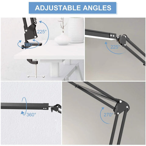 Various angles of Swing Arm Desk Lamp With Clamp Dimmable Eye Care Desk Light Memory Function Three Color Modes Ten Brightness Levels Ideal For Home Office Study And Reading Adjustable Metal Arm Thick Clamp Modern Table Lamp in use