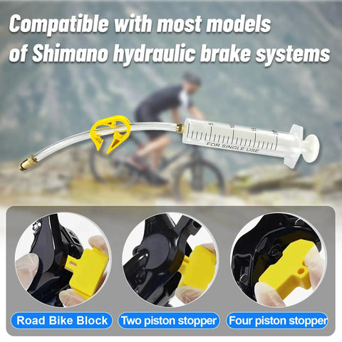 Shimano Hydraulic Brake Bleed Kit For Disc Brakes with syringe, adapters, and blocks for mountain and road bikes.