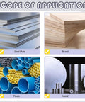 Scope of application showing steel plate, board, plastic pipes, and metal parts for various uses.