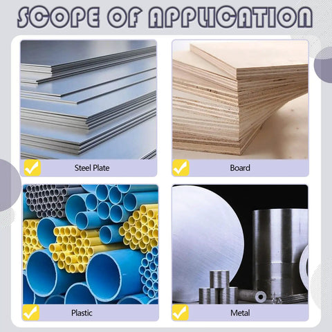 Scope of application showing steel plate, board, plastic pipes, and metal parts for various uses.