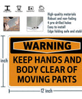 Warning Keep Hands And Body Clear Of Moving Parts Tin Sign Metal Safety Sign Dope Retro Wall Decor For Bar Kitchen Bedroom Home Garden Outdoor Patio Gift 8x12 Inches displayed with dimensions and features.