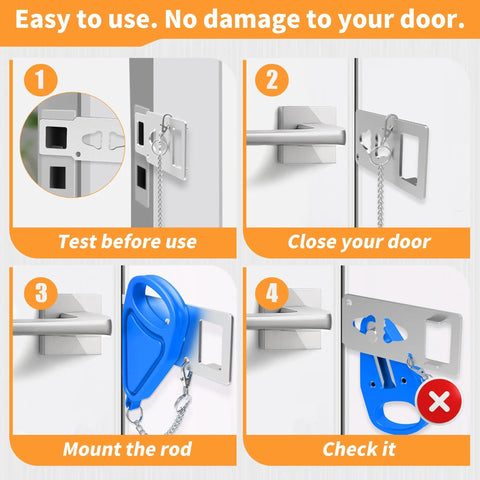 Hotel Safety Portable Door Lock For Inside Use And Privacy Universal Security Jam Lock installation guide showing setup steps