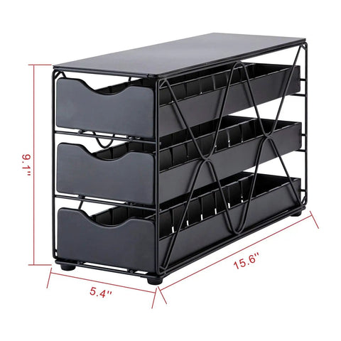 Three Tier Nespresso Vertuo Pod Drawer Holder Keeps 60 Pods Organized Space Saving Coffee Capsule Rack For Vertuo Plus And Vertuo Modern Multi Layer Capsule Organizer With Easy Access, black metal frame, side view