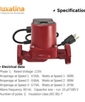 Heavy Duty 115V Three Speed Circulator Pump Replacement For Commercial Heating featuring detailed electrical specifications.