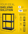 Tough As Nails 3 Tier Plastic Storage Shelves Multipurpose Freestanding Organizer Heavy Duty Rack For Garage Closet And Office With No Fuss Setup And 150 Lb Load Capacity showing dimensions 43x21x14 inches.