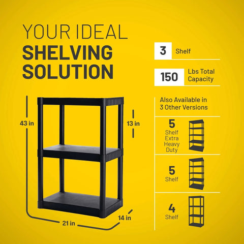Tough As Nails 3 Tier Plastic Storage Shelves Multipurpose Freestanding Organizer Heavy Duty Rack For Garage Closet And Office With No Fuss Setup And 150 Lb Load Capacity showing dimensions 43x21x14 inches.