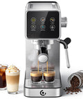 Professional 20 Bar Espresso Coffee Machine With Snappy Led Touchscreen Brewing, serving two espresso shots.