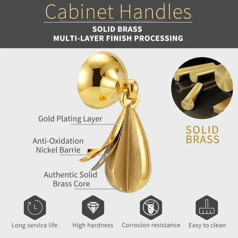 Top Shelf Heavy Duty Solid Brass Cabinet Knob Featuring Slick Brushed Gold Finish Smooth Glide Movement close-up of raindrop design.