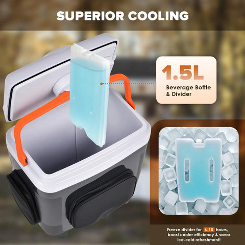 32 Quart Electric Car Cooler Warmer With Smooth Rolling Wheels Keeps Food And Drinks Ice Cold showing 1.5L beverage bottle and divider.