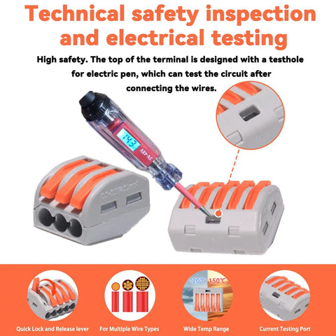 Technical inspection of 20 Piece Lever Wire Connectors Kit 28-12 AWG Quick Disconnect Splice Nuts showing test hole for electric pen.
