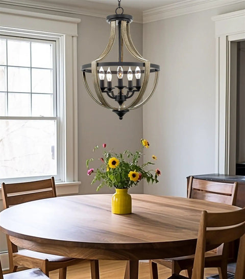 Five Light Rustic Modern Foyer Chandelier With Reclaimed Oak Wood Finish And Black Metal Frame Delivers Warm Ambient Dope Farmhouse Vibe