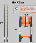 Heavy Duty Telescoping Ladder 16.5 Foot Aluminum Extension Climb Rig with size chart and safety notes for optimal use.