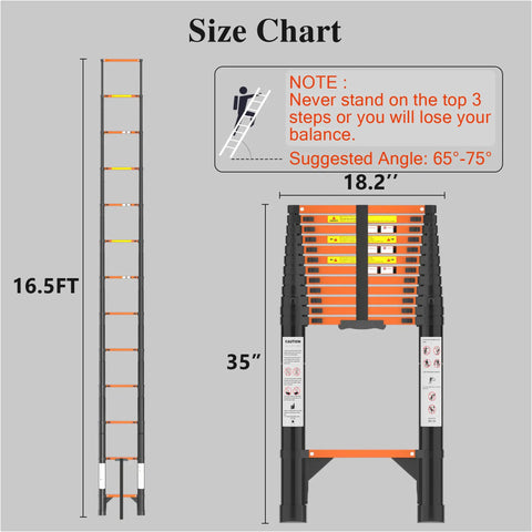 Heavy Duty Telescoping Ladder 16.5 Foot Aluminum Extension Climb Rig with size chart and safety notes for optimal use.