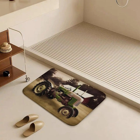 Thick Soft Absorbent Old Tractor Photo Farm Bath Rug With Non Slip Backing in a bathroom setting on tile floor.