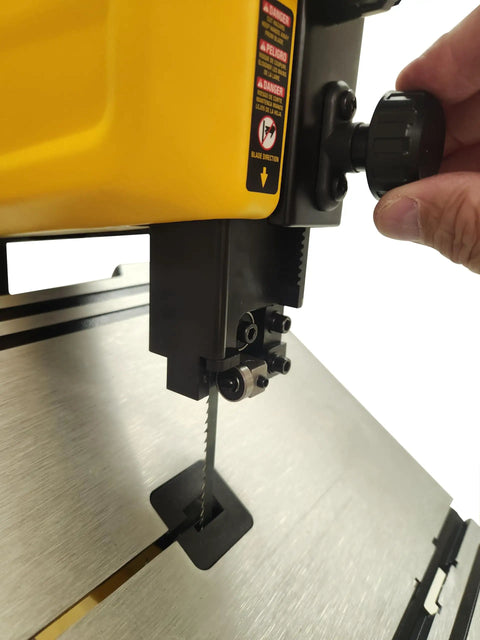Close-up of the blade tension adjustment on the Pro Grade 9 Inch Benchtop Band Saw With 3.5 Amp Motor And Dual Speed Settings At 1700 And 2500 SPM.