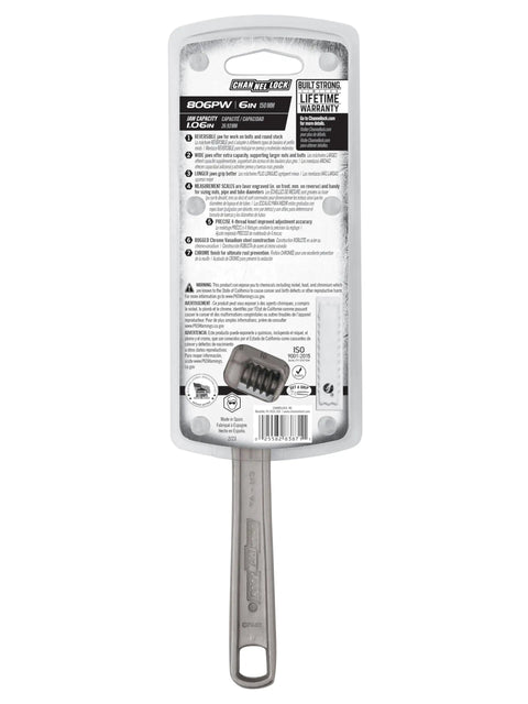 Packaging of Six Inch Reversible Jaw Adjustable Wrench With Smooth Action, Heavy Duty Alloy Steel for plumbing and automotive.
