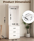 Product dimensions for Spacious White Wardrobe Closet System With Three Deep Drawers And A Sturdy Hanging Rod.