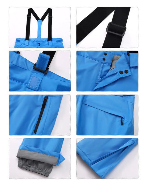 Men's Insulated Snow Pants Waterproof Ski Trousers For Winter Hiking With Leg Zippers And Zippered Pockets, Polyester, Blue