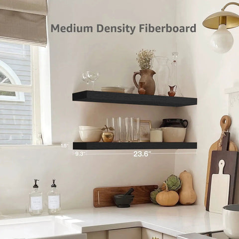 Rock Solid Two Pack Wall Mounted Shelves 23.6 Inch Long MDF Shelves With Steel Brackets in kitchen display with decor items