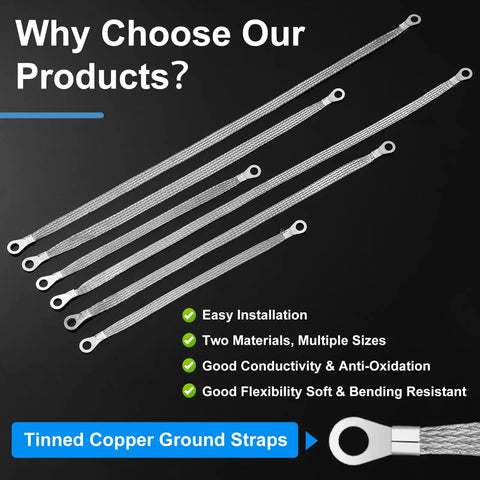 12 Piece Engine Grounding Straps Kit With 10 15 And 20 Inch Options, showing flat braided copper tinned ground wires.