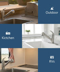 Kitchen Faucet With Pull Out Sprayer, Low Profile Stainless Steel, Single Handle Brushed Nickel for outdoor, kitchen, RV use