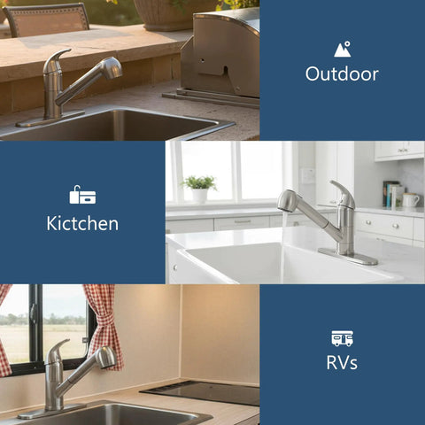 Kitchen Faucet With Pull Out Sprayer, Low Profile Stainless Steel, Single Handle Brushed Nickel for outdoor, kitchen, RV use