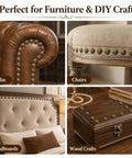 Top Shelf Antique Brass Upholstery Tacks Two Hundred Piece Set displayed on sofa, chair, headboard, and wooden box for crafting.