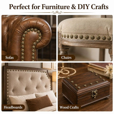 Top Shelf Antique Brass Upholstery Tacks Two Hundred Piece Set displayed on sofa, chair, headboard, and wooden box for crafting.