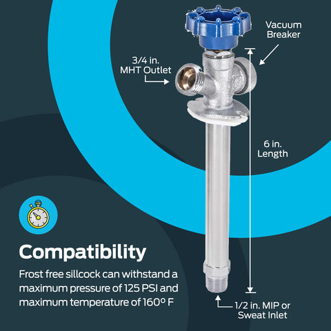 Six Inch Frost Free Sillcock With Vacuum Breaker For Outdoor Water Supply One Half Inch MIP And One Half Inch Sweat Brass Plumbing Fitting With Large Wheel Handle Built Tough Winter Proof Faucet with labeled dimensions and features.