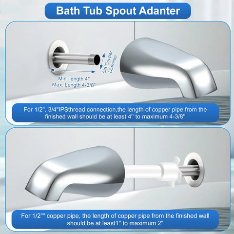 Diagram showing installation of chrome tub shower trim kit with three knob set and bath spout, fits three handle tub faucets