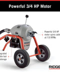 Badass B Frame Sectional Sewer Drain Cleaning Machine With Heavy Duty Cable Carrier and Rear Guide Hose For Hassle Free Cable Changes and Top Notch Drain Clearance In Tight Crawl Spaces For Pro Plumbing Crews showcasing powerful 3/4 HP motor and integrated cable storage.