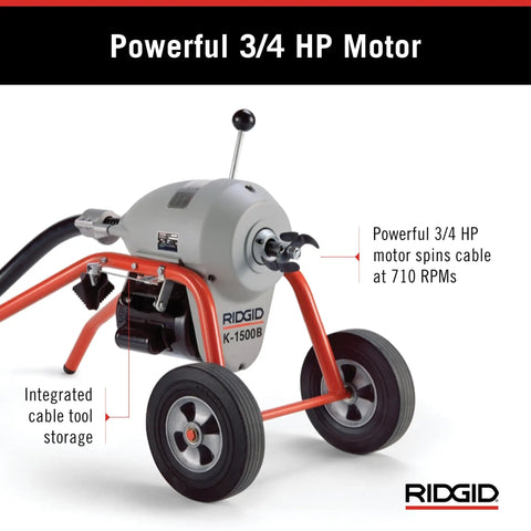 Badass B Frame Sectional Sewer Drain Cleaning Machine With Heavy Duty Cable Carrier and Rear Guide Hose For Hassle Free Cable Changes and Top Notch Drain Clearance In Tight Crawl Spaces For Pro Plumbing Crews showcasing powerful 3/4 HP motor and integrated cable storage.