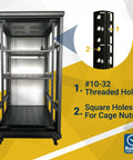 Black 10-32 Slide-In Cage Nuts For Server Rack Hardware And Equipment Mounting With Snug Snap Fit Design Built Tough For A Smooth Install Bulk Pack Of Fifty. Image shows a server rack with 10-32 threaded holes.