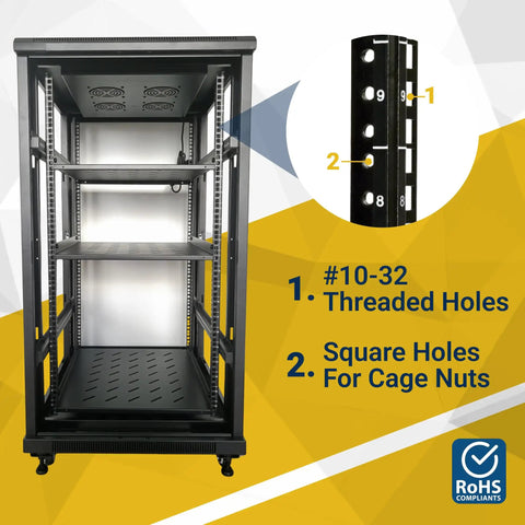 Black 10-32 Slide-In Cage Nuts For Server Rack Hardware And Equipment Mounting With Snug Snap Fit Design Built Tough For A Smooth Install Bulk Pack Of Fifty. Image shows a server rack with 10-32 threaded holes.