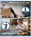 Massive 7 Inch Floor Magnifier Lamp With Light And Stand Flexible Gooseneck 10X To 30X Magnification in use for reading and sewing