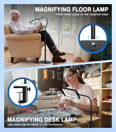 Massive 7 Inch Floor Magnifier Lamp With Light And Stand Flexible Gooseneck 10X To 30X Magnification in use for reading and sewing
